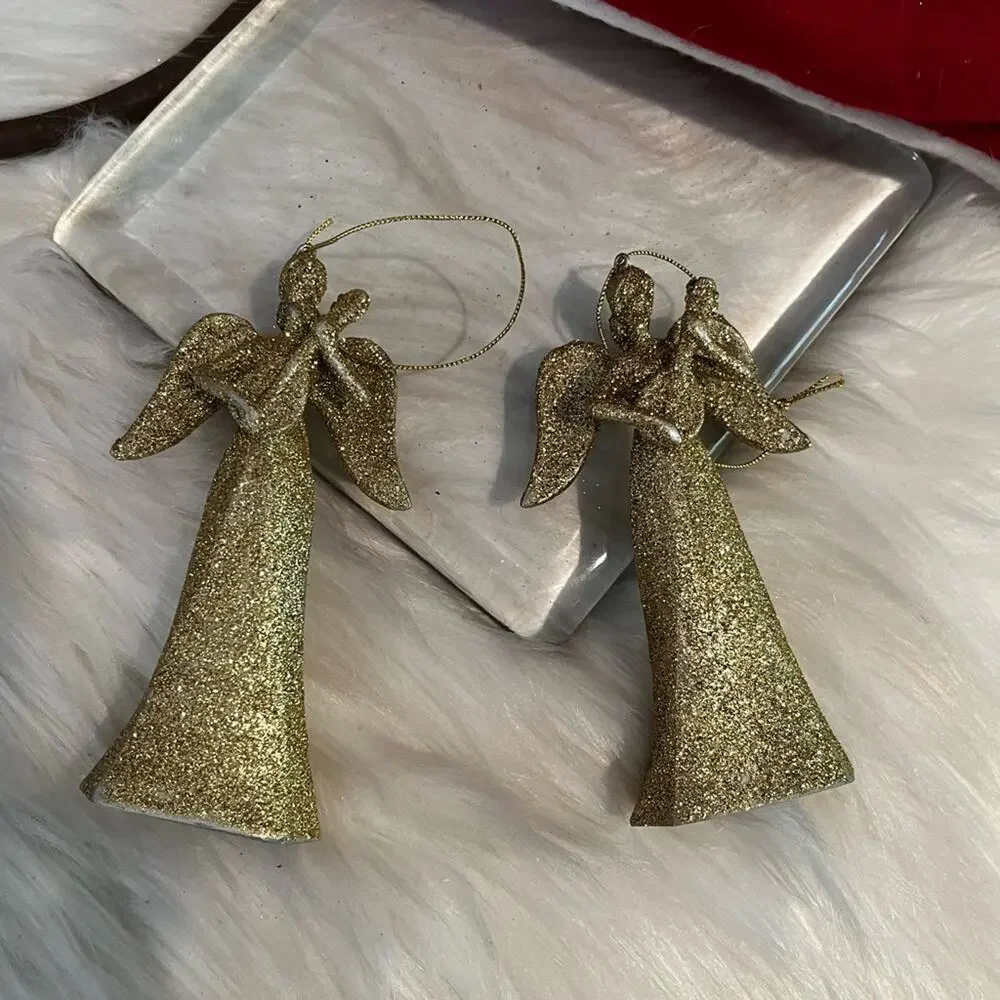 NEW Pottery Barn Angels Winged Sparkling Glitter Holiday Ornaments Set Gold NWOT